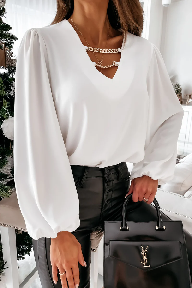 Darlene Top | Women's V-Neck Chain Lantern Sleeve Top - Image 4