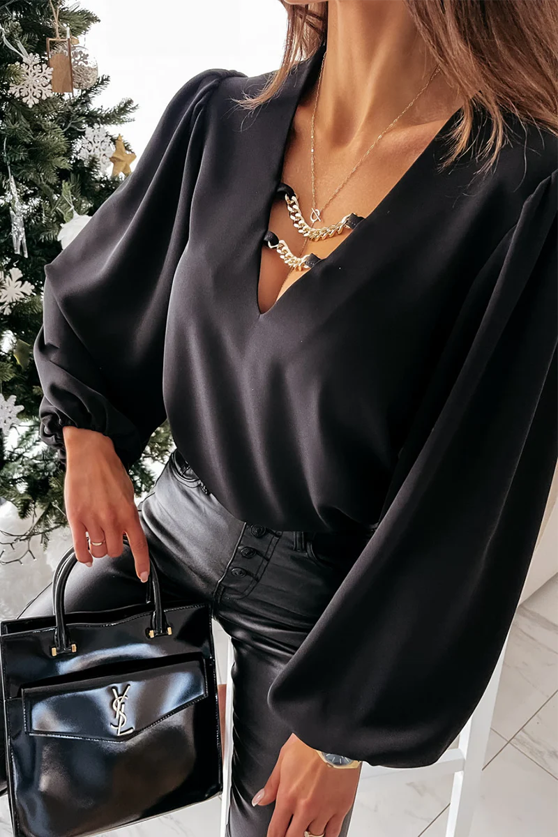 Darlene Top | Women's V-Neck Chain Lantern Sleeve Top - Image 5