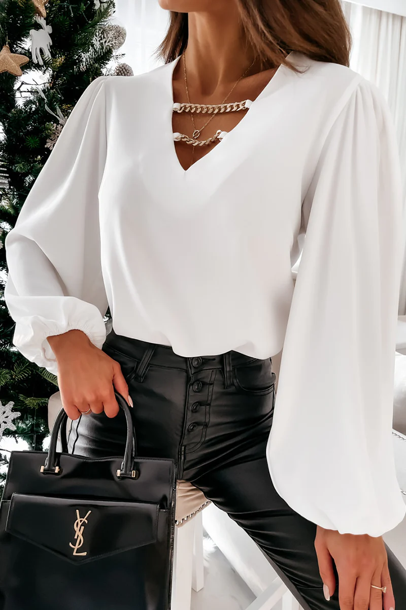 Darlene Top | Women's V-Neck Chain Lantern Sleeve Top - Image 6