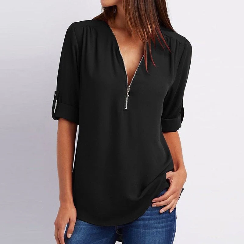 Dionne Blouse | Women's Zip V-Neck Blouse - Image 2