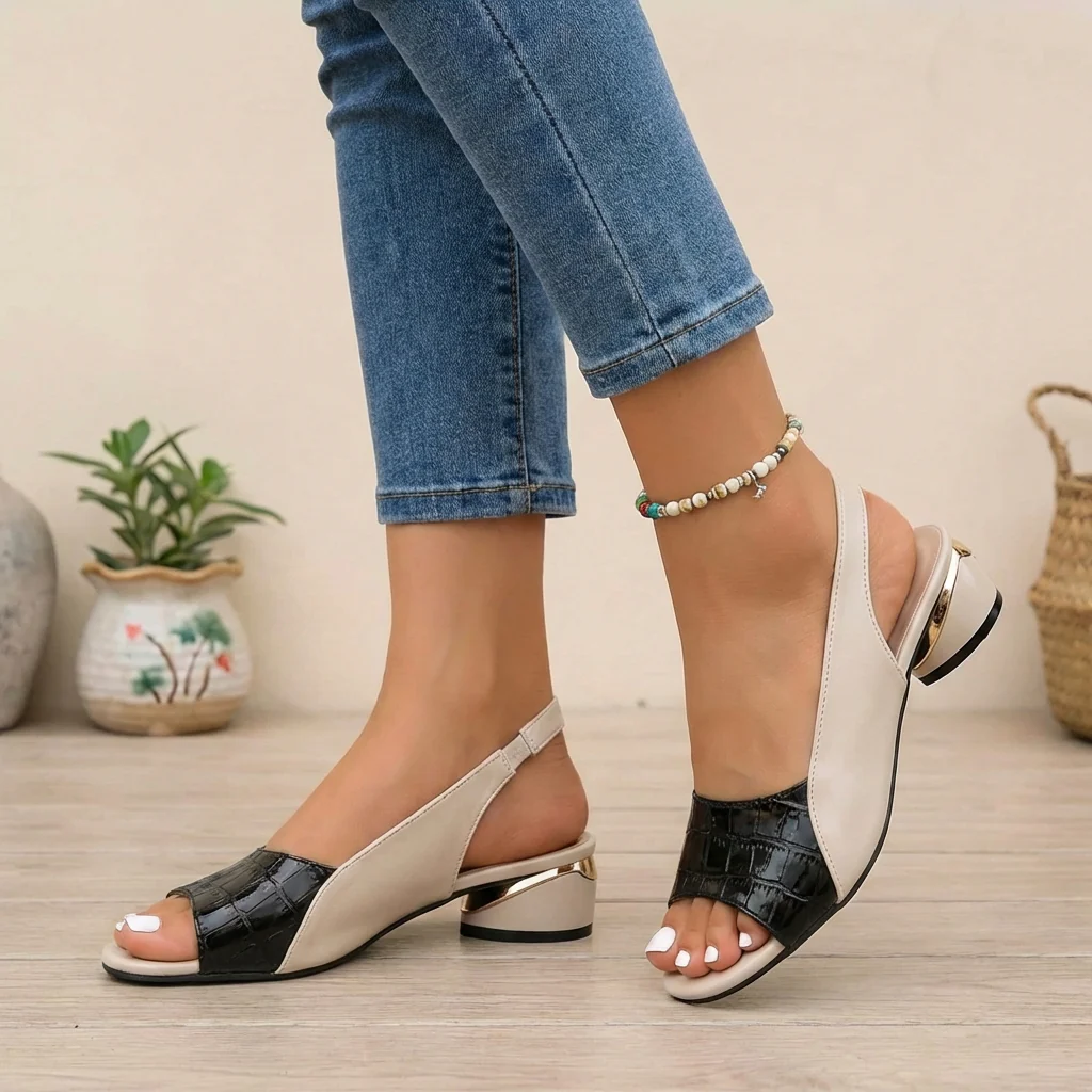 Emily Embossed Slingback Block Heel Sandals | Metallic Accent Sandals - Image 3