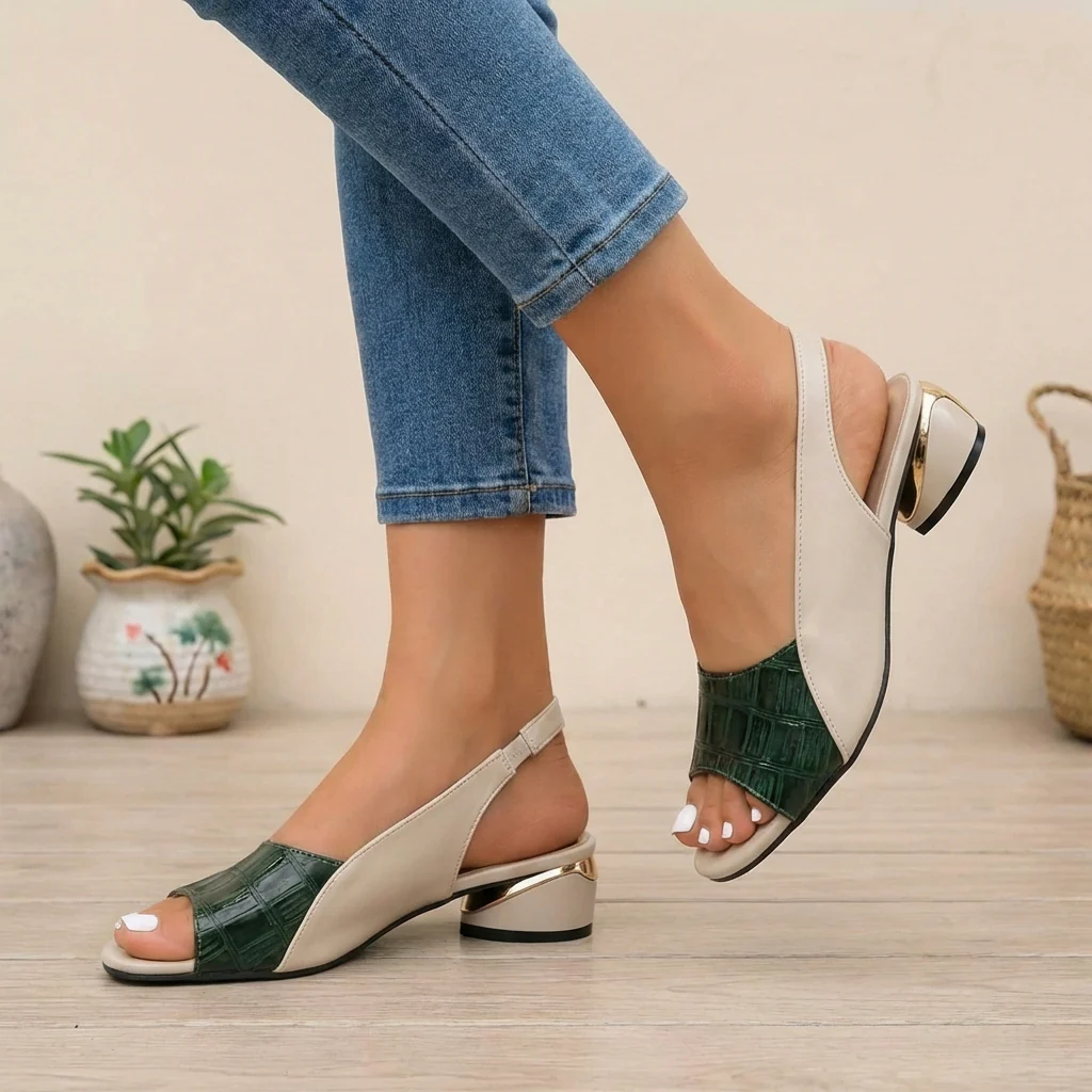 Emily Embossed Slingback Block Heel Sandals | Metallic Accent Sandals - Image 4