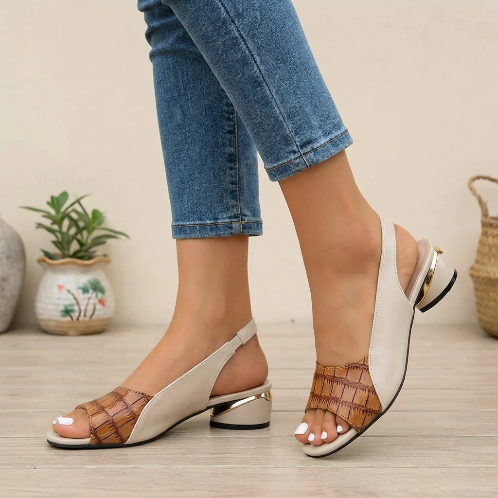 Emily Embossed Slingback Block Heel Sandals | Metallic Accent Sandals - Image 5