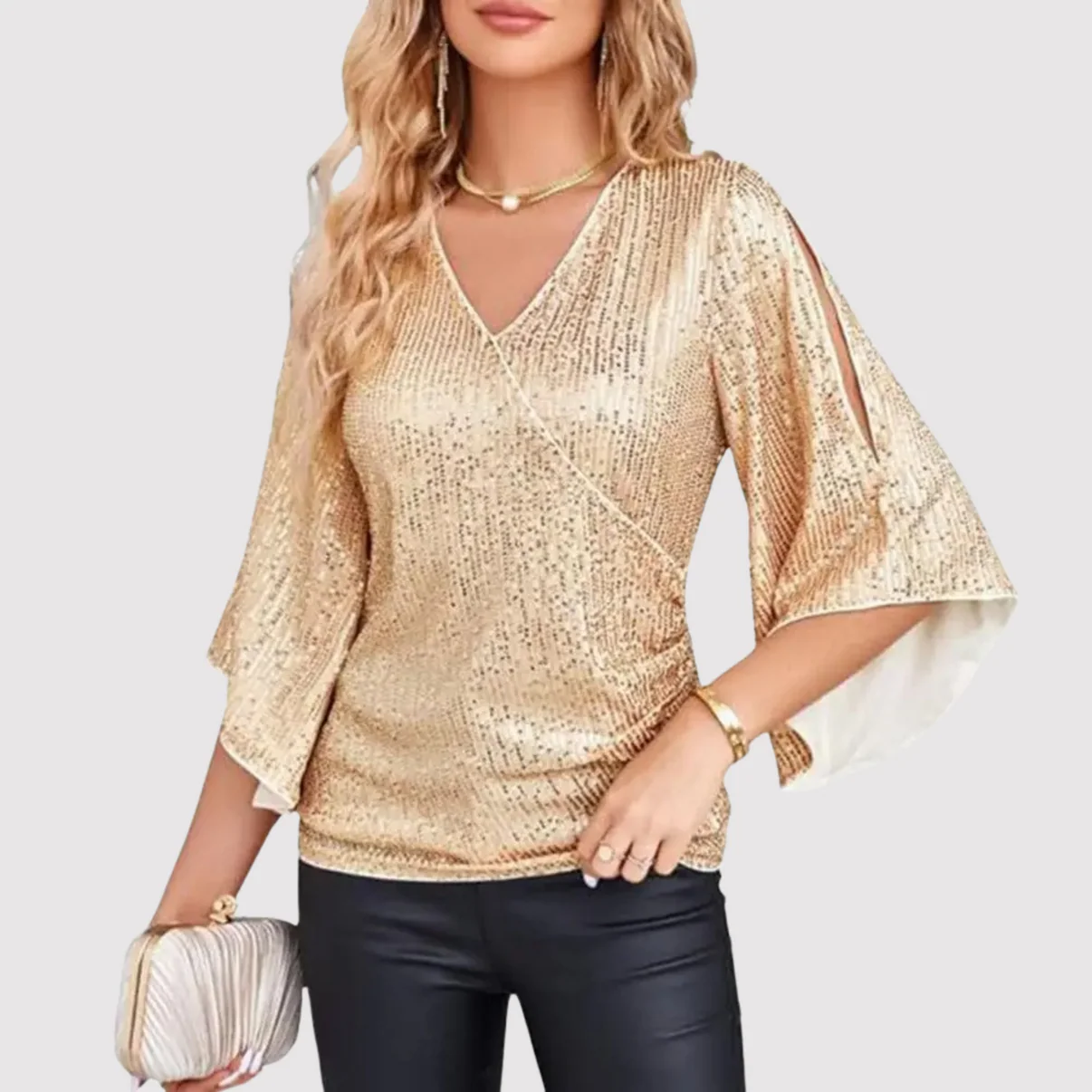Faith Blouse | Sequin Wrap Blouse with Bell Sleeves - Image 3