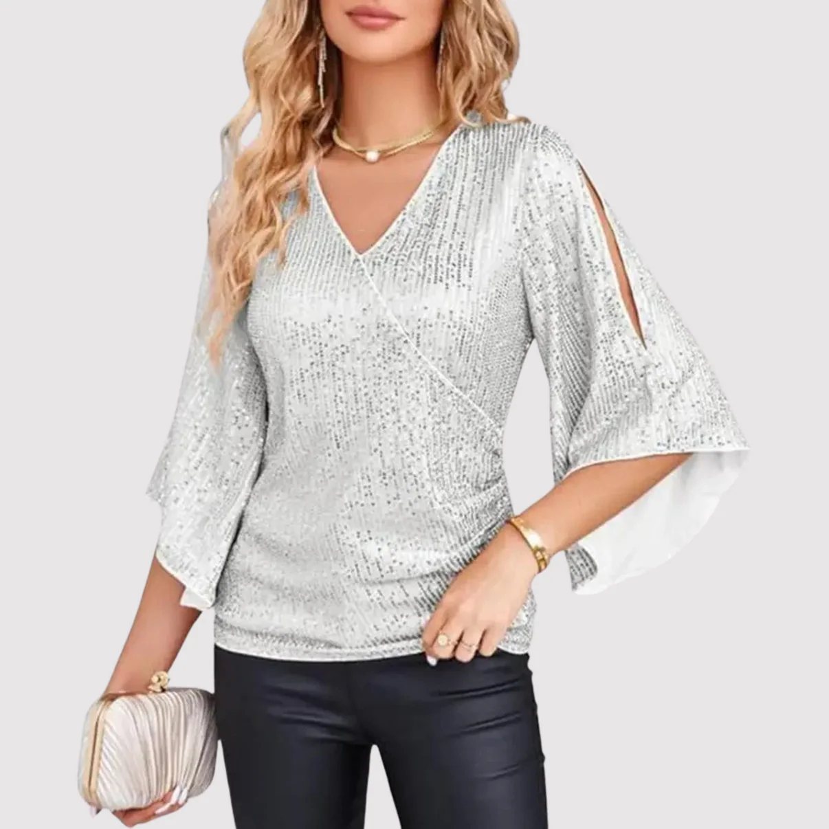 Faith Blouse | Sequin Wrap Blouse with Bell Sleeves - Image 4