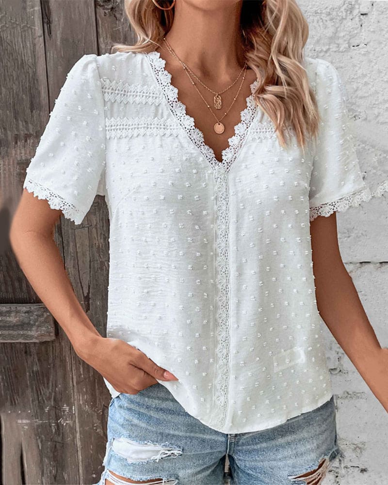 Farren Blouse | White Textured V-Neck Summer Blouse - Image 2