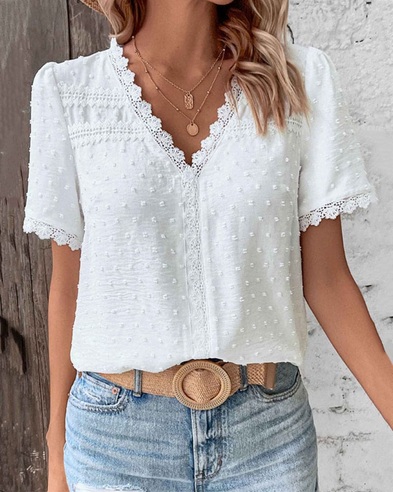Farren Blouse | White Textured V-Neck Summer Blouse - Image 3