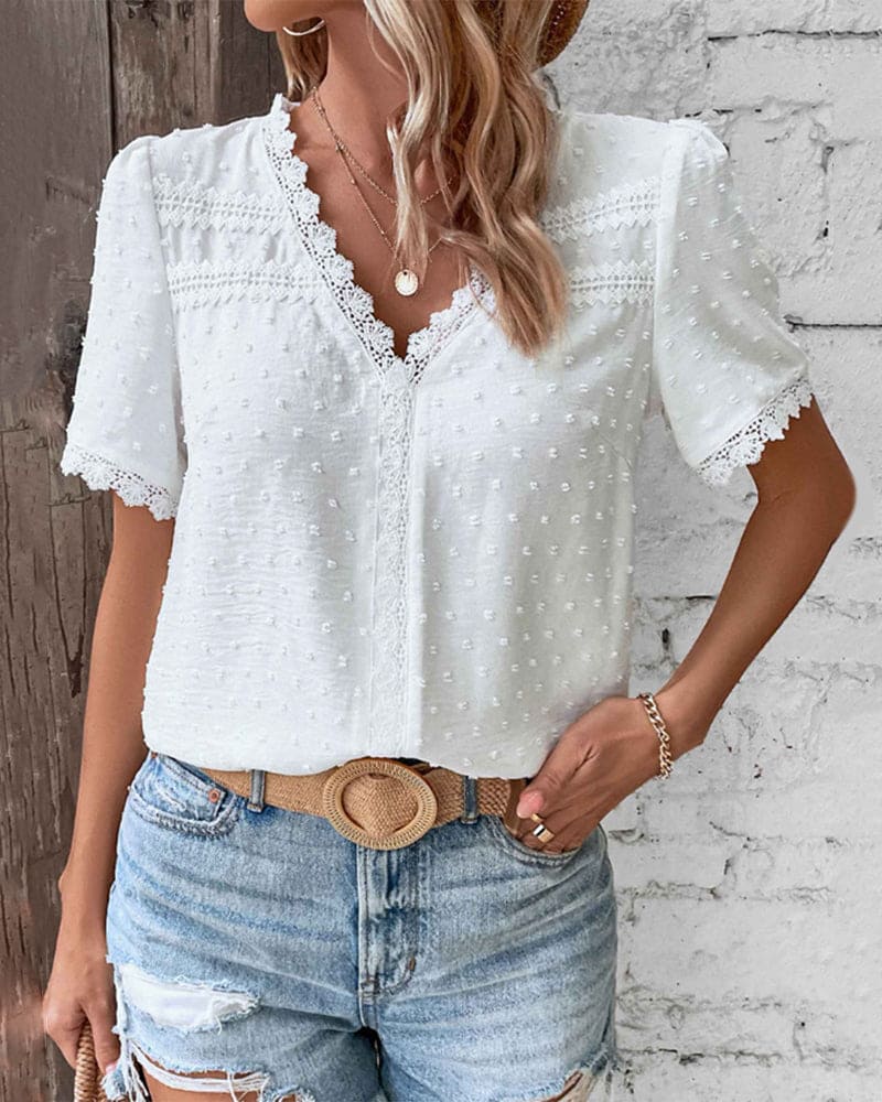 Farren Blouse | White Textured V-Neck Summer Blouse - Image 4