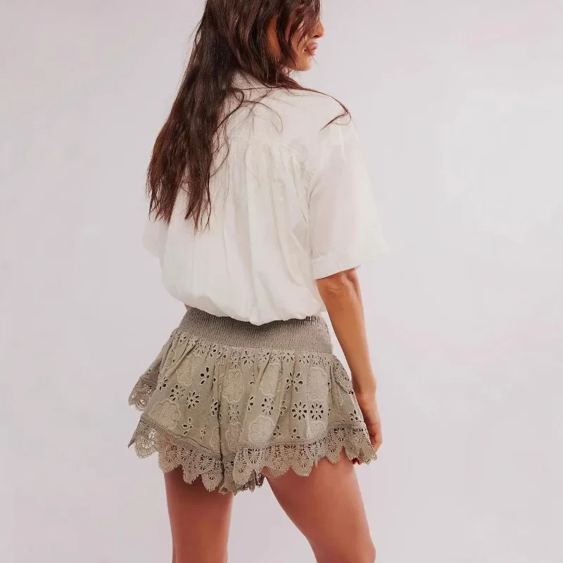 Flora Patterned Eyelet Embroidery Lace Trim Shorts | Ruffled Scalloped Hem Shorts - Image 3