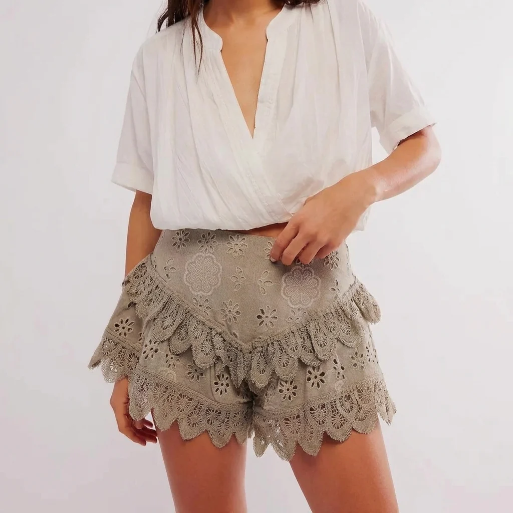 Flora Patterned Eyelet Embroidery Lace Trim Shorts | Ruffled Scalloped Hem Shorts - Image 4