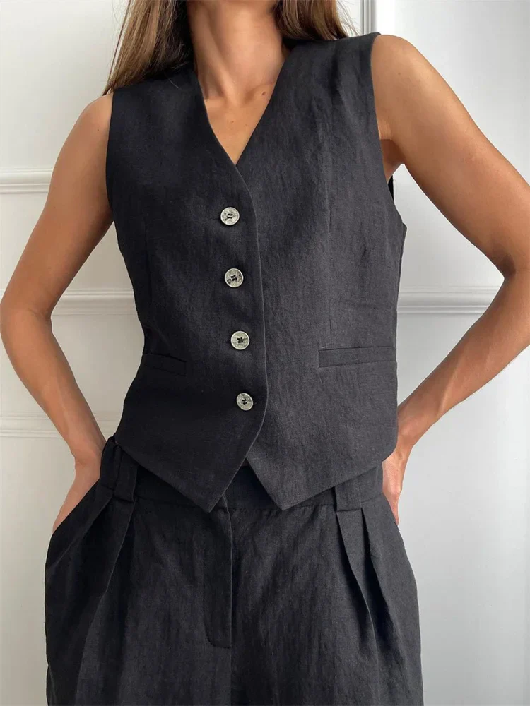 Flora Tailored Fit Vest & Relaxed Fit Wide Leg Trousers Two-Piece Set | Button Front Casual Set - Image 5