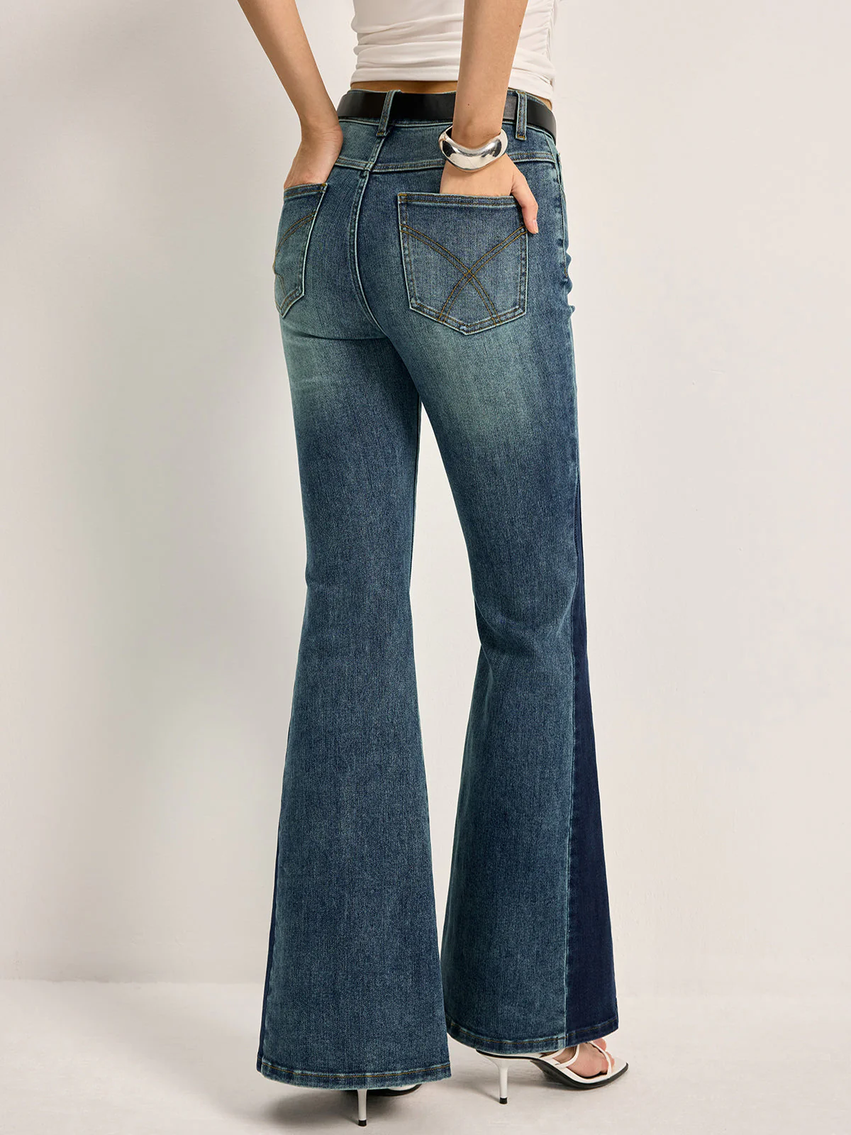 Florence Mid-Rise Flare Bell Jeans | Color Block Embroidered Jeans - Image 3