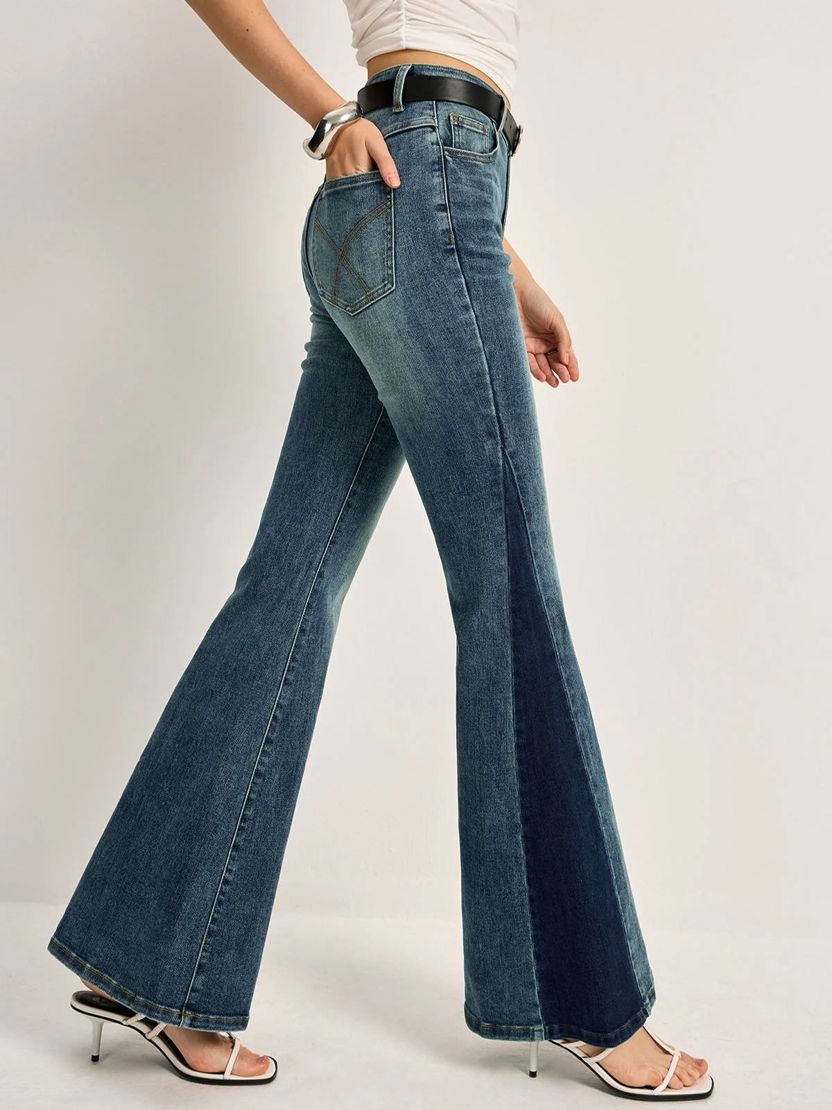 Florence Mid-Rise Flare Bell Jeans | Color Block Embroidered Jeans - Image 5