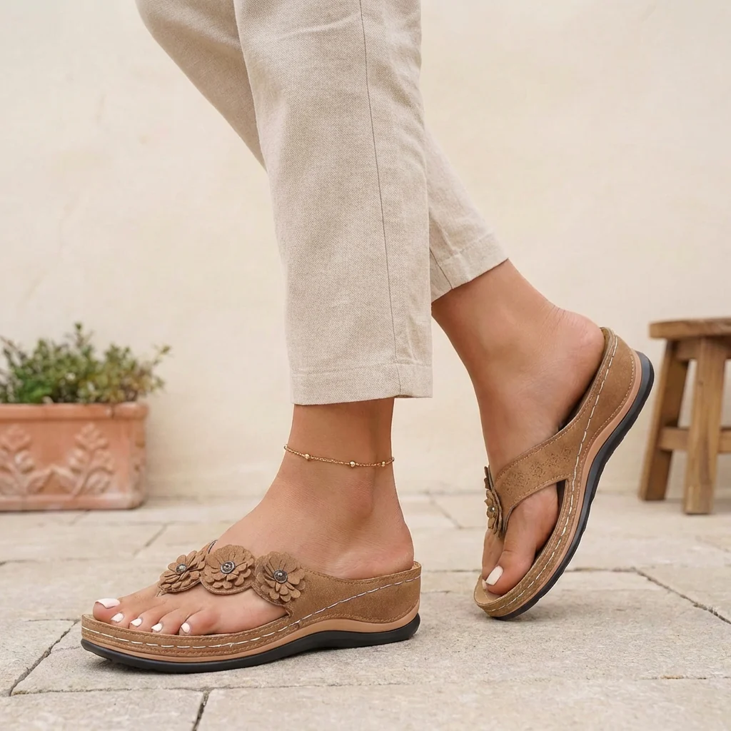 Florence Orthopedic Wedge Heel Wedge Sandals | Flower Applique Geometric Wedge Sandals - Image 3