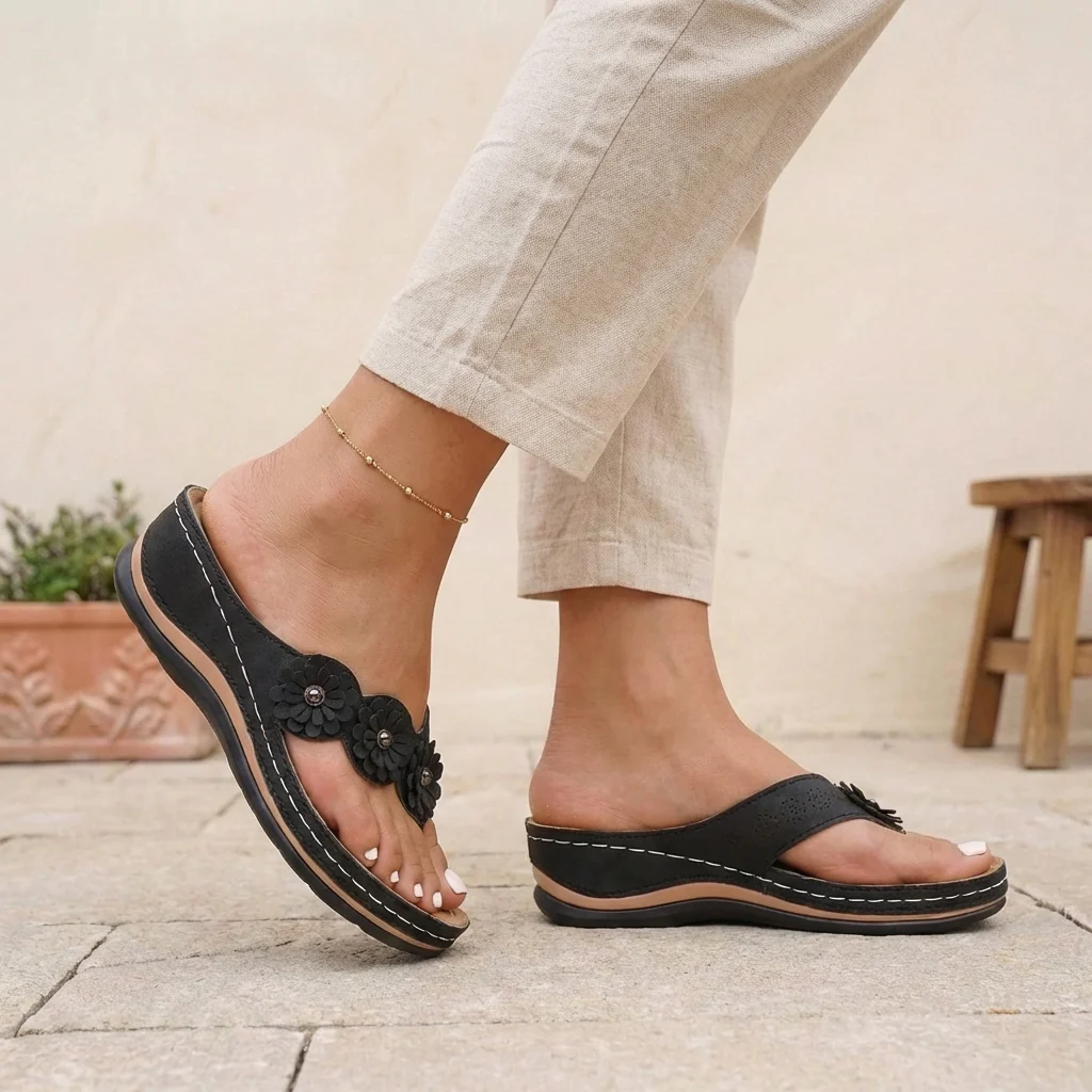 Florence Orthopedic Wedge Heel Wedge Sandals | Flower Applique Geometric Wedge Sandals - Image 4