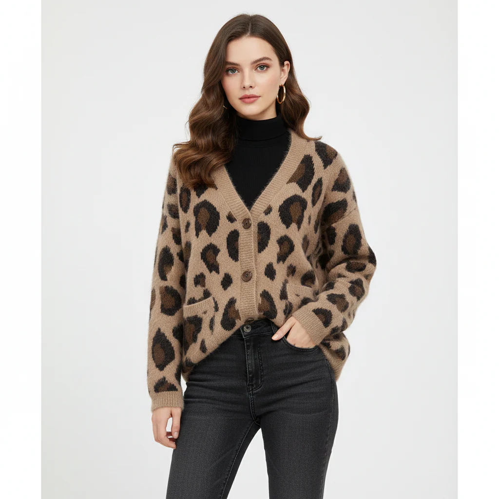 Marlena V-Neck Fuzzy Cardigan | Leopard Print Button-Front Knit