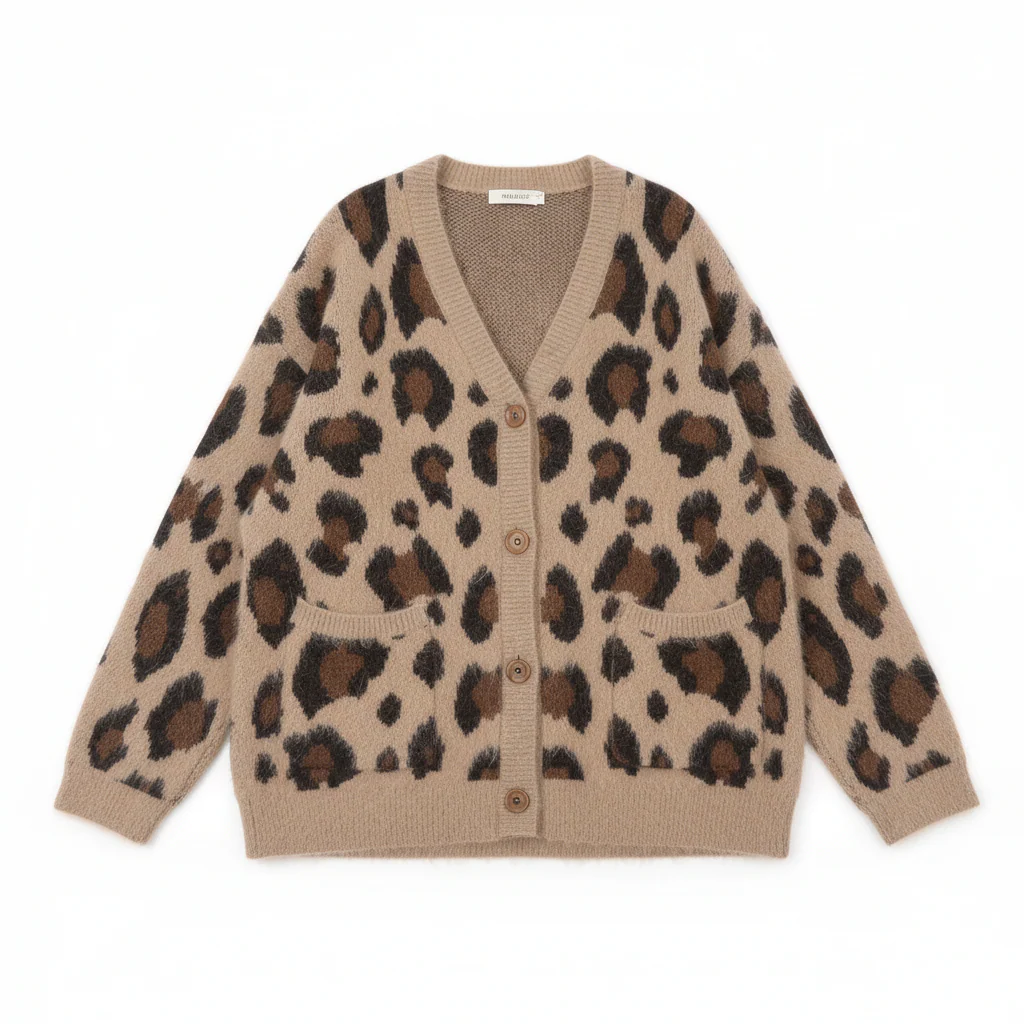 Marlena V-Neck Fuzzy Cardigan | Leopard Print Button-Front Knit - Image 2