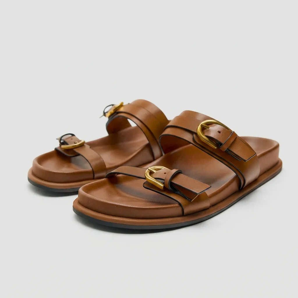 Francesca Slip-On Slides | Buckle Detail Double Strap Slides - Image 4
