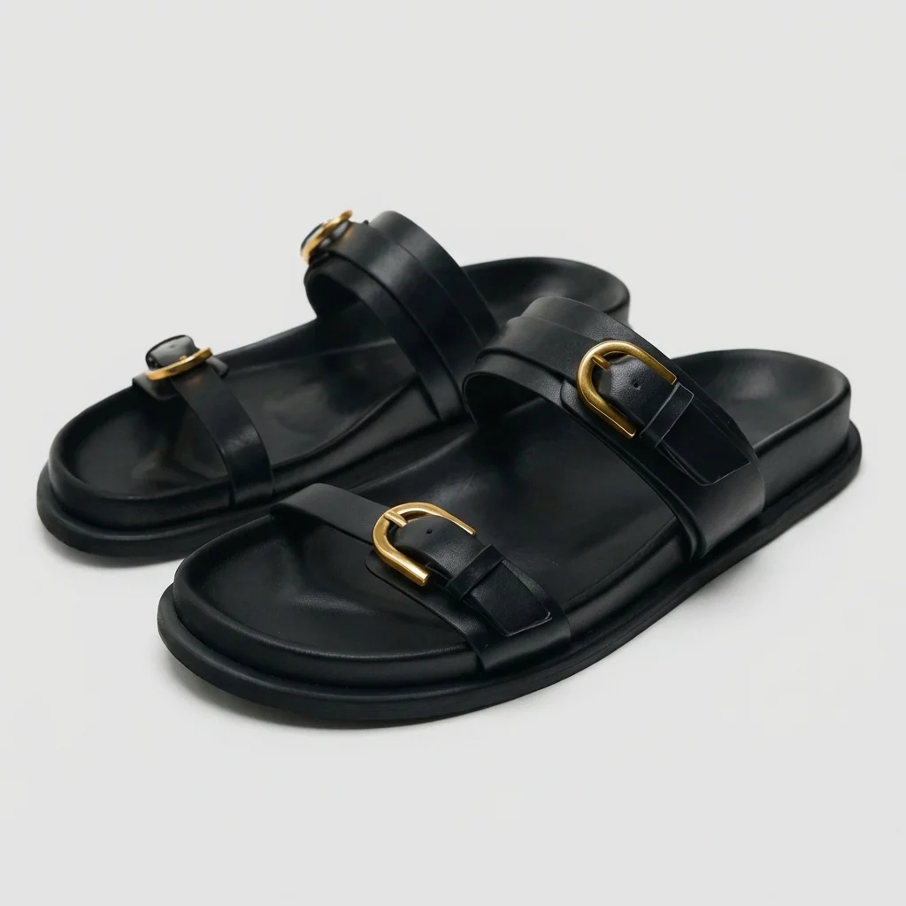 Francesca Slip-On Slides | Buckle Detail Double Strap Slides - Image 5