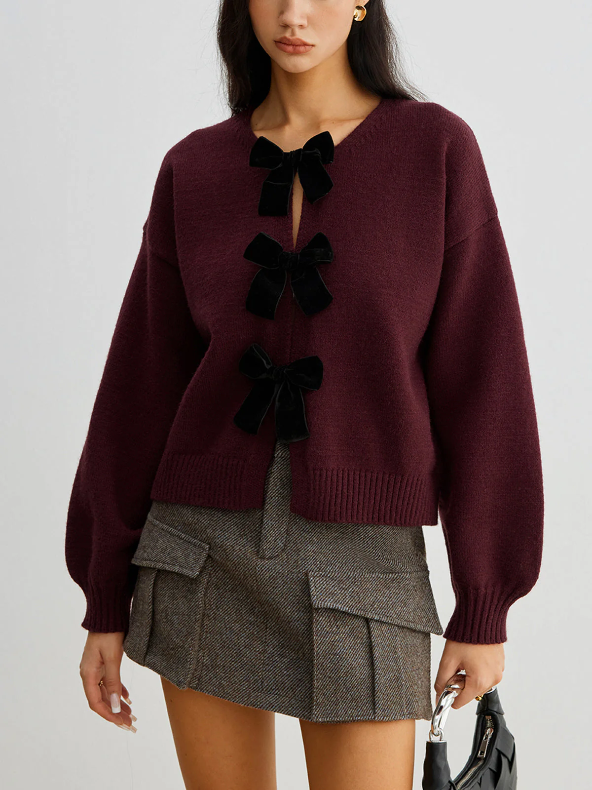 Freya Cropped Lantern Sleeve Sweater | Velvet Bow Detail Ribbed Sweater