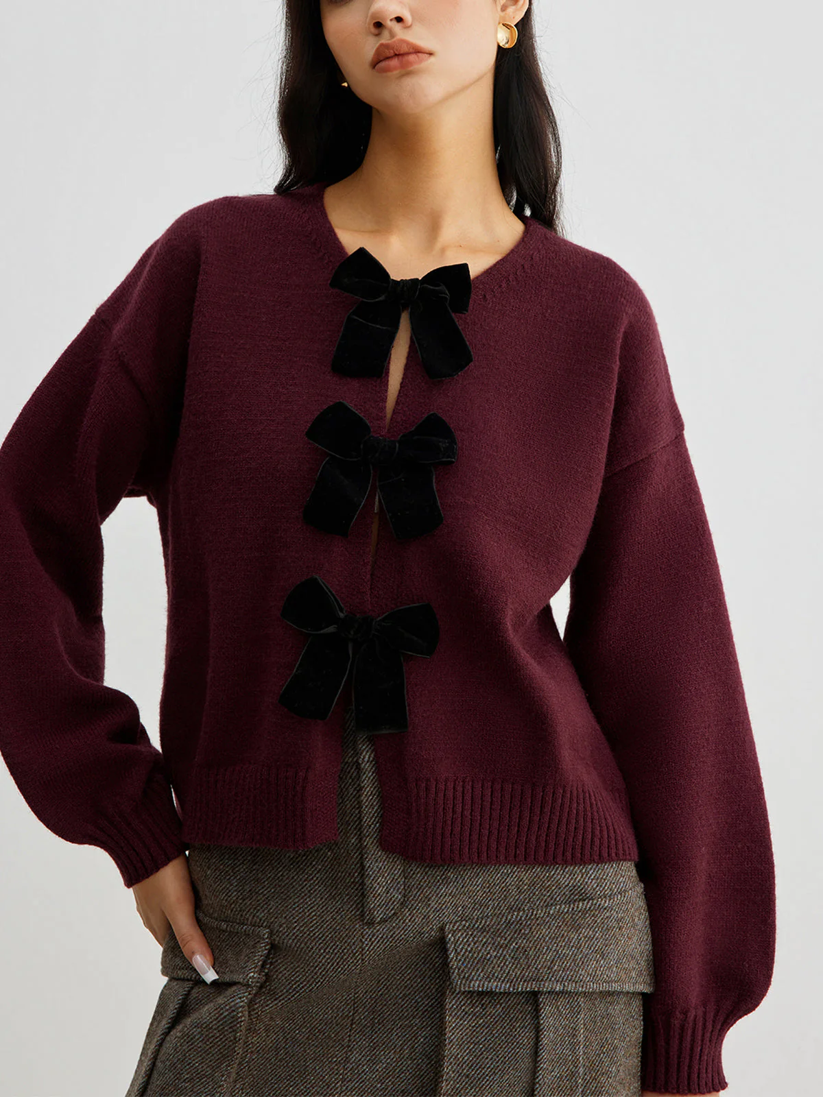 Freya Cropped Lantern Sleeve Sweater | Velvet Bow Detail Ribbed Sweater - Image 2