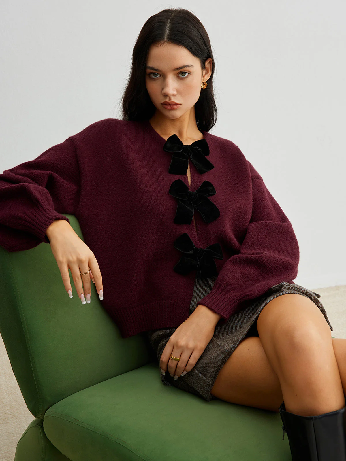 Freya Cropped Lantern Sleeve Sweater | Velvet Bow Detail Ribbed Sweater - Image 4