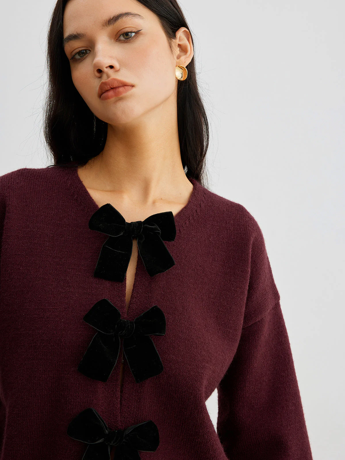 Freya Cropped Lantern Sleeve Sweater | Velvet Bow Detail Ribbed Sweater - Image 5