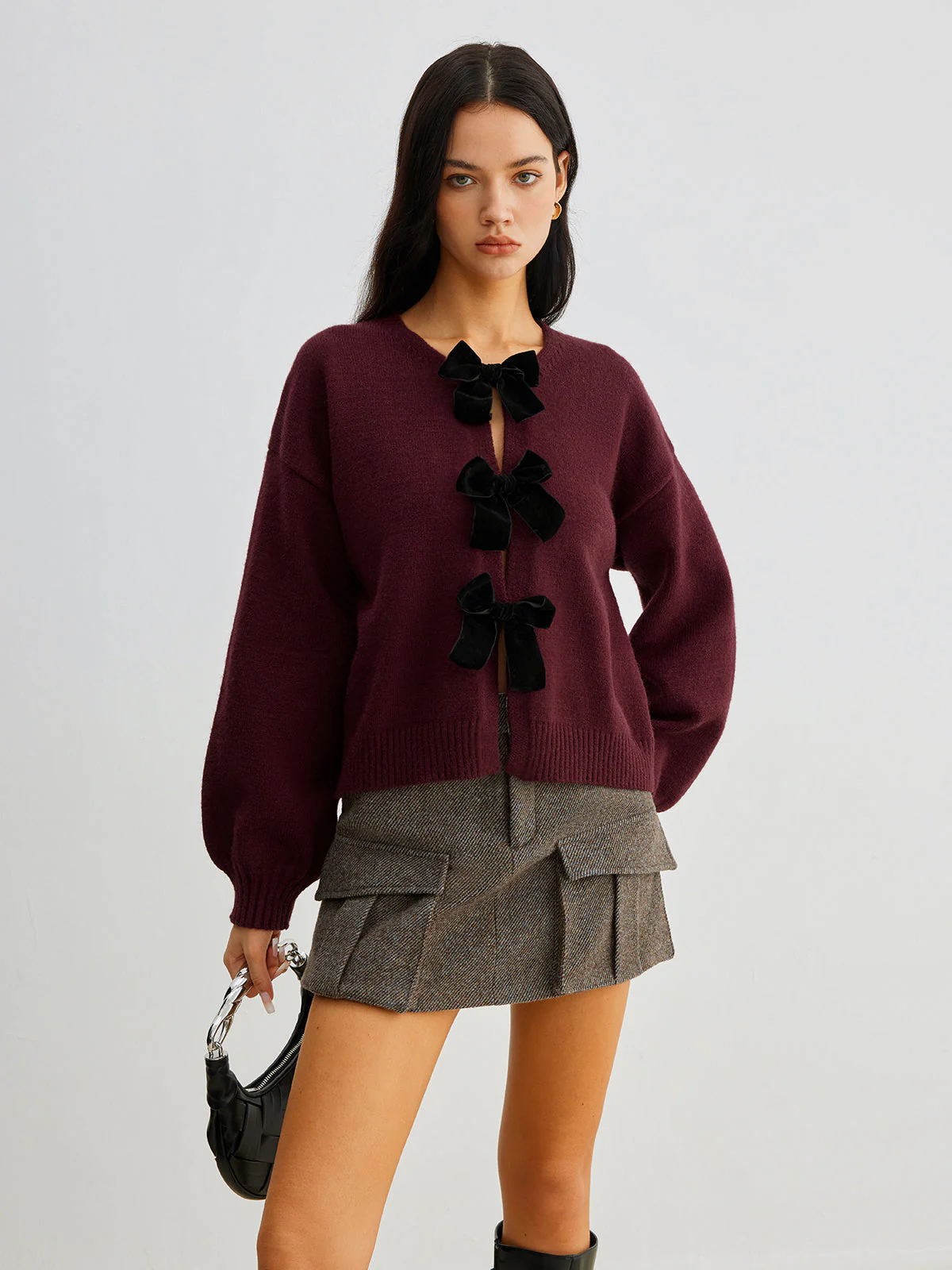 Freya Cropped Lantern Sleeve Sweater | Velvet Bow Detail Ribbed Sweater - Image 6