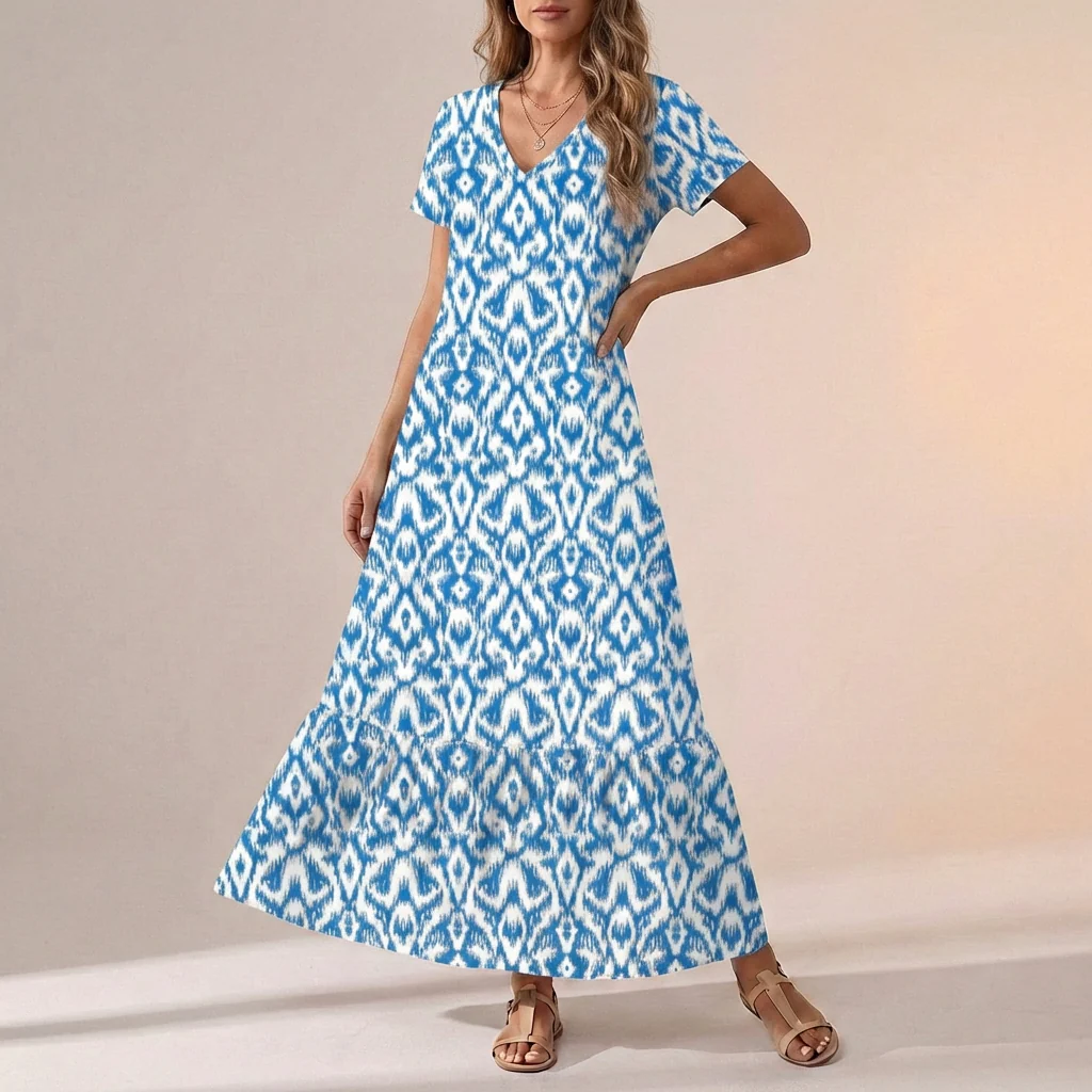 Freya Ikat Print Maxi Dress | V-Neck Ruffled Hem Dress