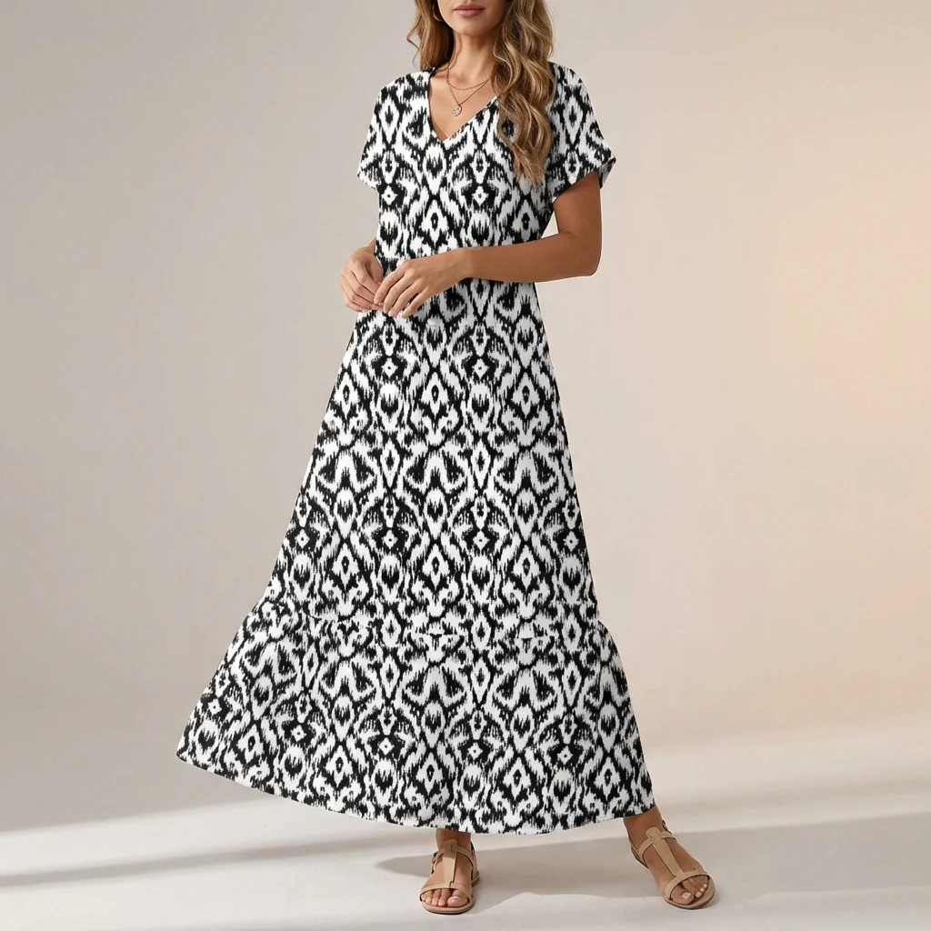 Freya Ikat Print Maxi Dress | V-Neck Ruffled Hem Dress - Image 2