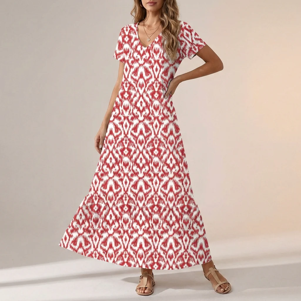 Freya Ikat Print Maxi Dress | V-Neck Ruffled Hem Dress - Image 3