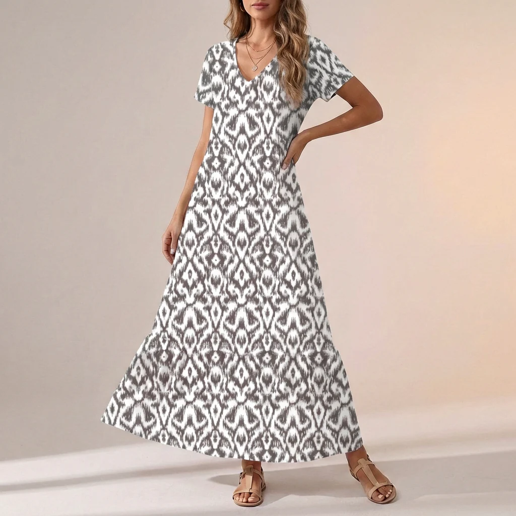Freya Ikat Print Maxi Dress | V-Neck Ruffled Hem Dress - Image 4
