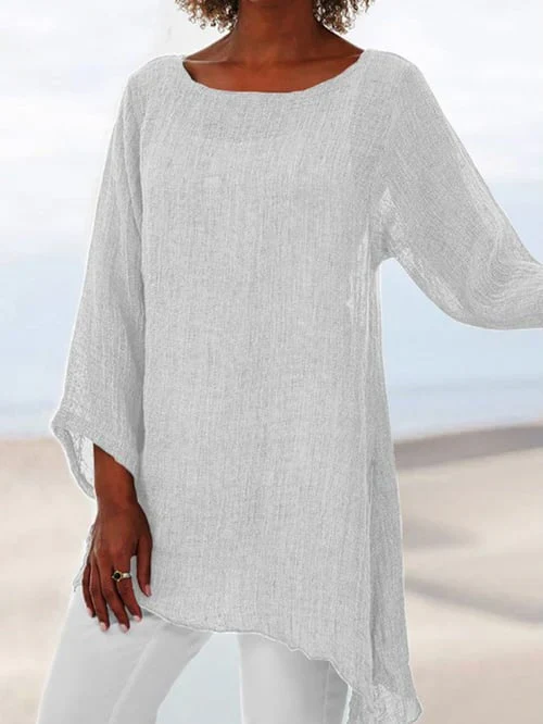 Glenys Top | Long Sleeve Round Neck Shirt with Asymmetrical Hem - Image 4