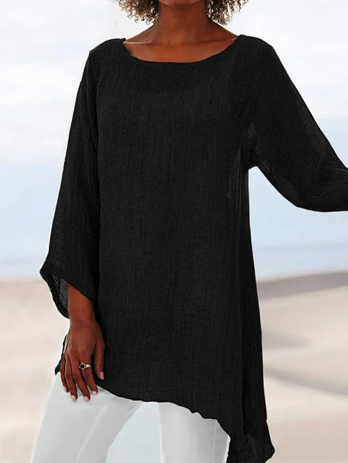 Glenys Top | Long Sleeve Round Neck Shirt with Asymmetrical Hem - Image 5