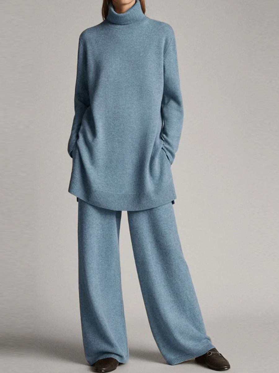 Grace Relaxed Fit Turtleneck Tunic Sweater Wide Leg Trousers Two-Piece Set | Ribbed Cuffs Side Pockets Loungewear - Image 5