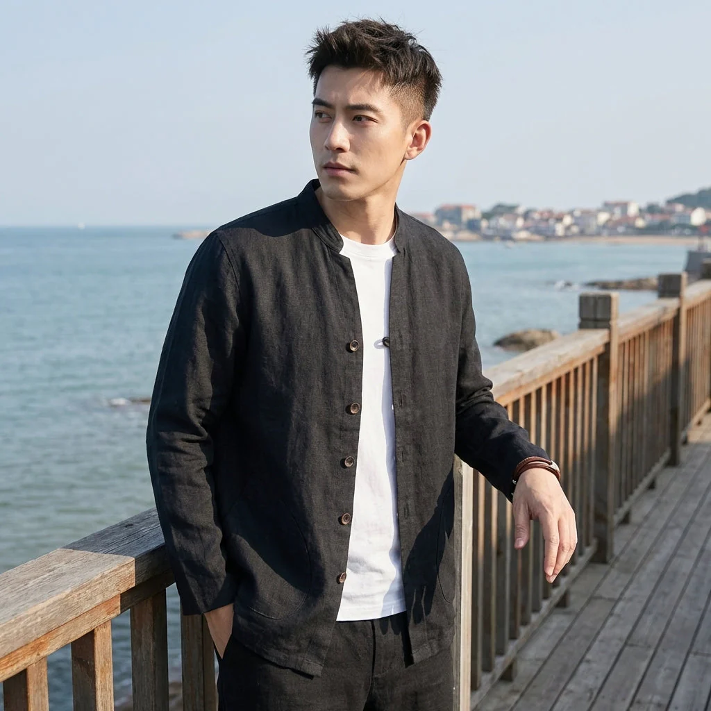 Harry Relaxed Fit Shirt Jacket | Mandarin Collar Button Front Shirt Jacket - Image 2
