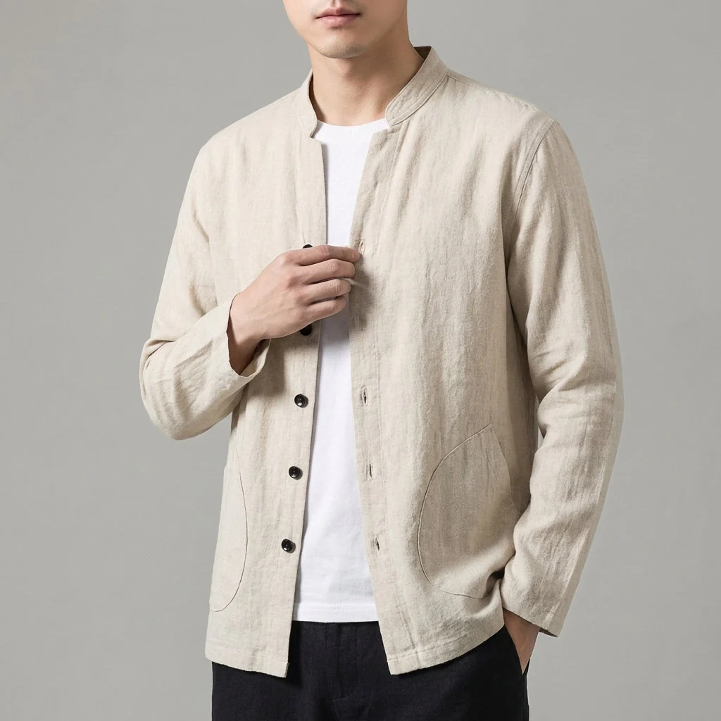 Harry Relaxed Fit Shirt Jacket | Mandarin Collar Button Front Shirt Jacket - Image 4