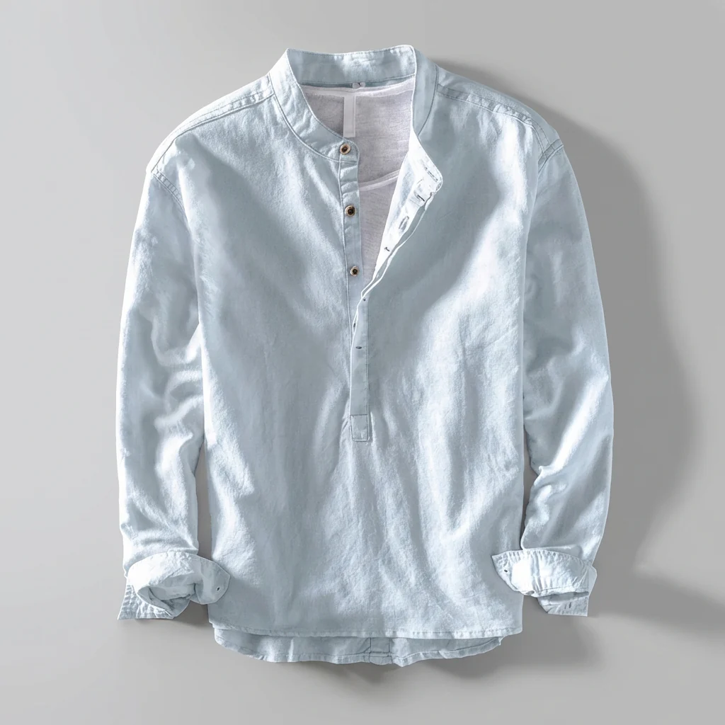 Henry Relaxed Fit Henley Shirt | Stand Collar Button Placket Shirt - Image 2