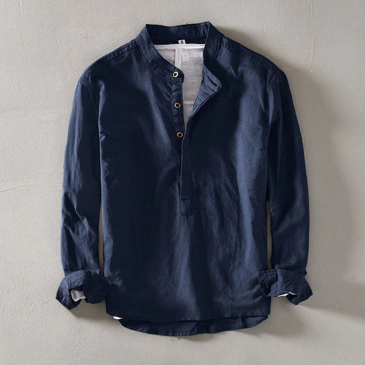 Henry Relaxed Fit Henley Shirt | Stand Collar Button Placket Shirt - Image 3