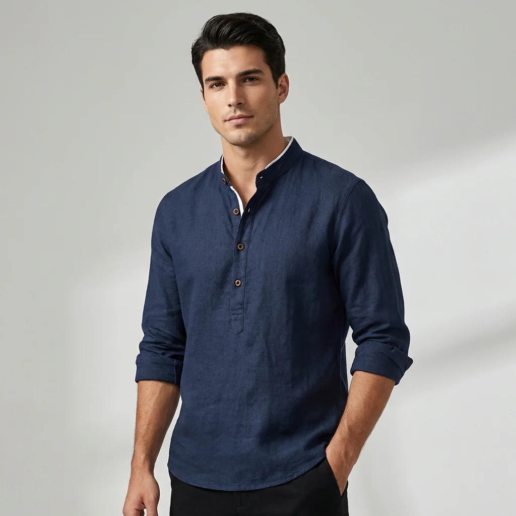 Henry Relaxed Fit Henley Shirt | Stand Collar Button Placket Shirt - Image 5