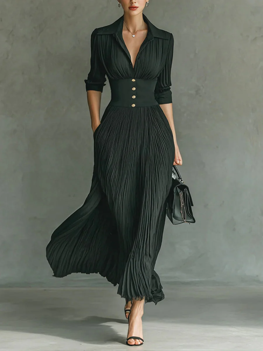 Iris Fitted Waist Maxi Dress | Collared V-Neck 3/4 Sleeve Dress