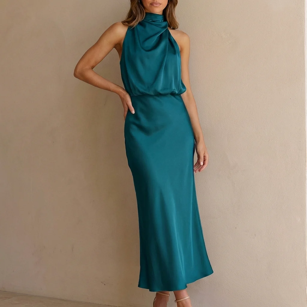 Isabella Draped Halter Neck Midi Dress | Sleeveless Body Skimming Dress - Image 3