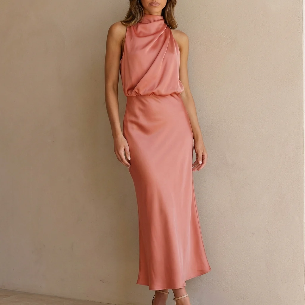 Isabella Draped Halter Neck Midi Dress | Sleeveless Body Skimming Dress - Image 5
