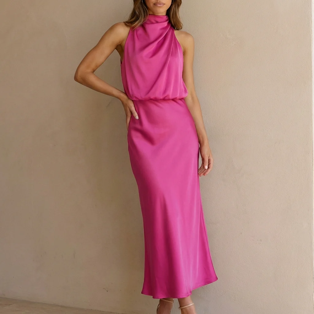 Isabella Draped Halter Neck Midi Dress | Sleeveless Body Skimming Dress - Image 6