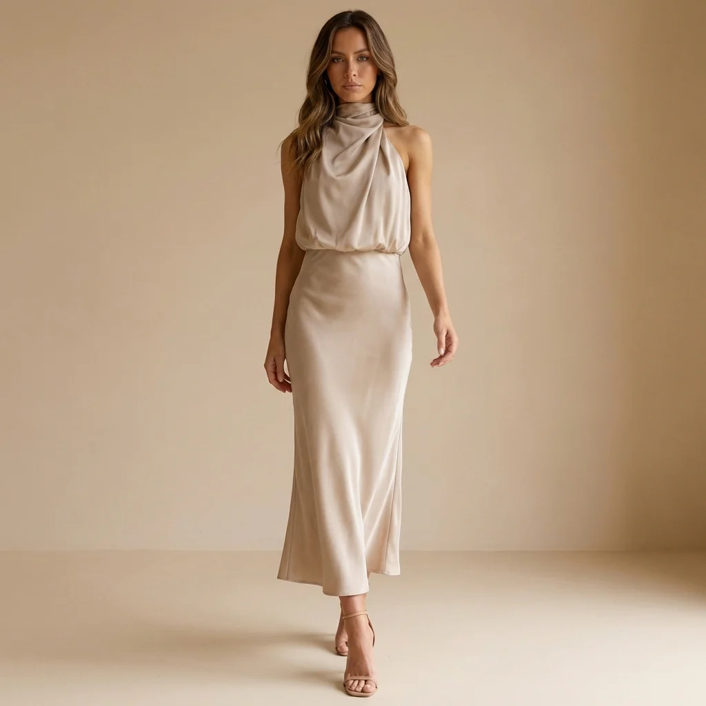 Isabella Draped Halter Neck Midi Dress | Sleeveless Body Skimming Dress - Image 8
