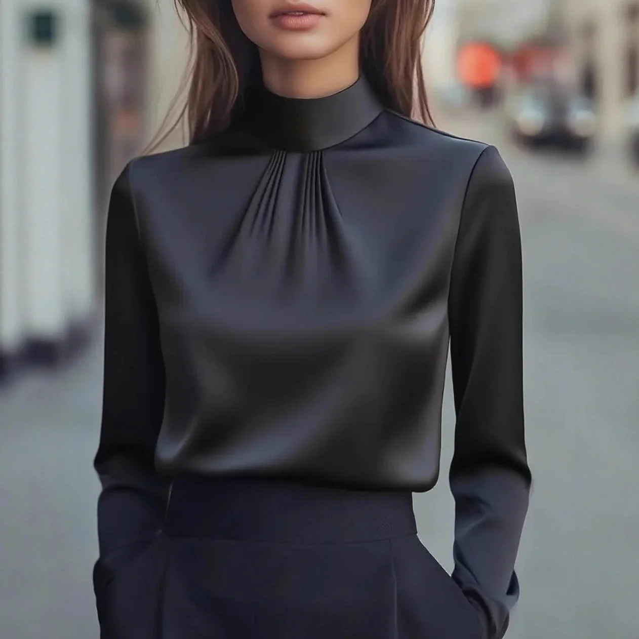 Isabella Pleated High Neck Blouse | Long Sleeve Hip-Length Blouse - Image 2