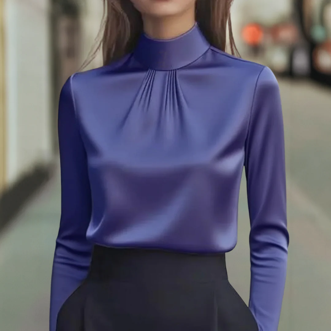 Isabella Pleated High Neck Blouse | Long Sleeve Hip-Length Blouse - Image 3