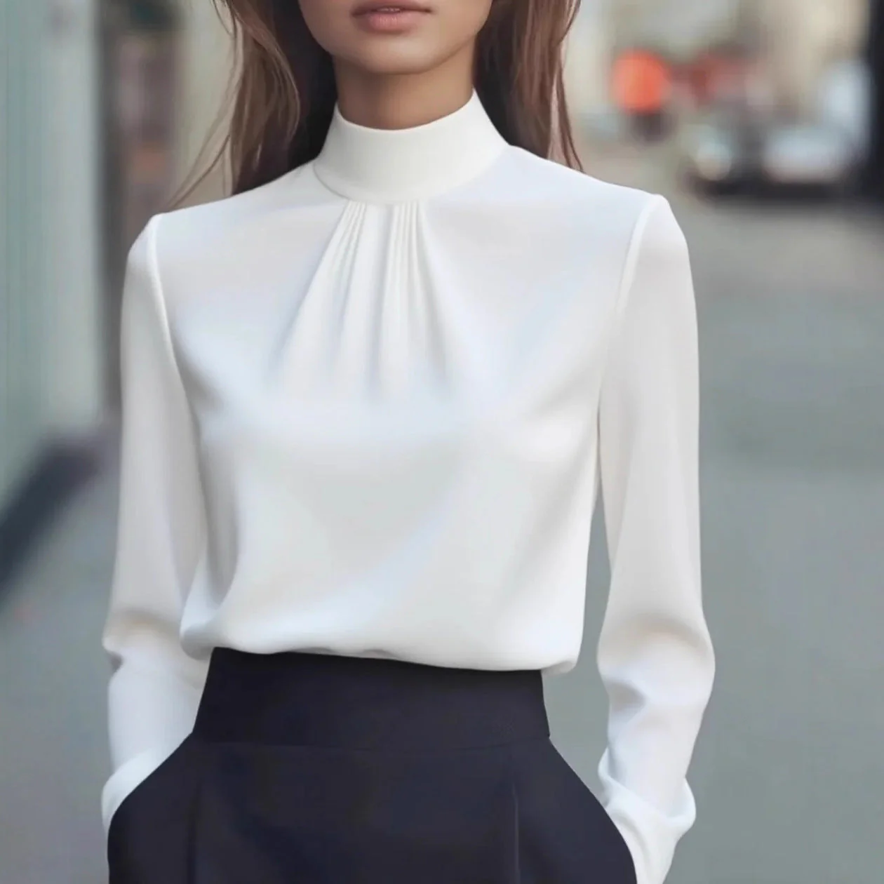 Isabella Pleated High Neck Blouse | Long Sleeve Hip-Length Blouse - Image 4