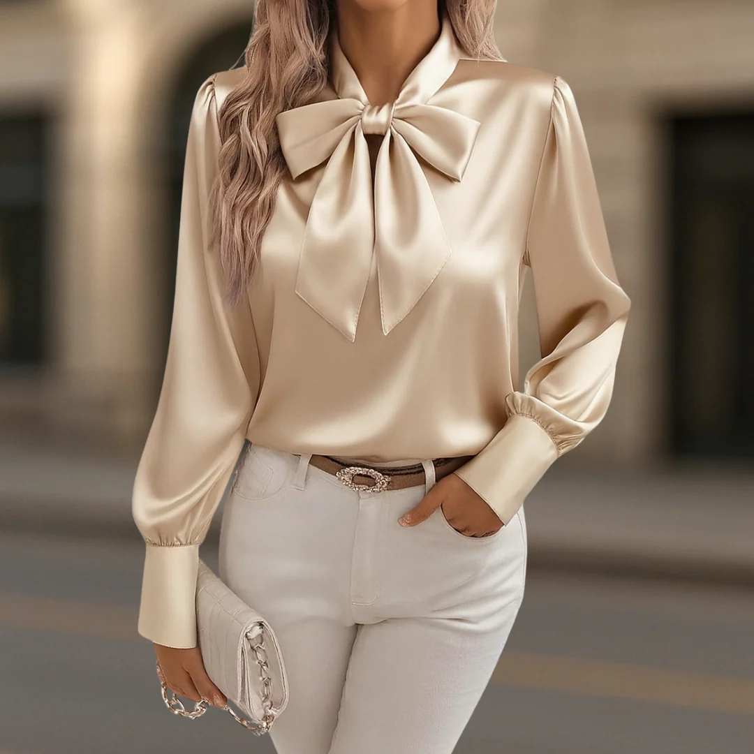 Isabella Regular Fit Bow Neck Blouse | Puff Shoulder Button Cuffs Blouse - Image 2