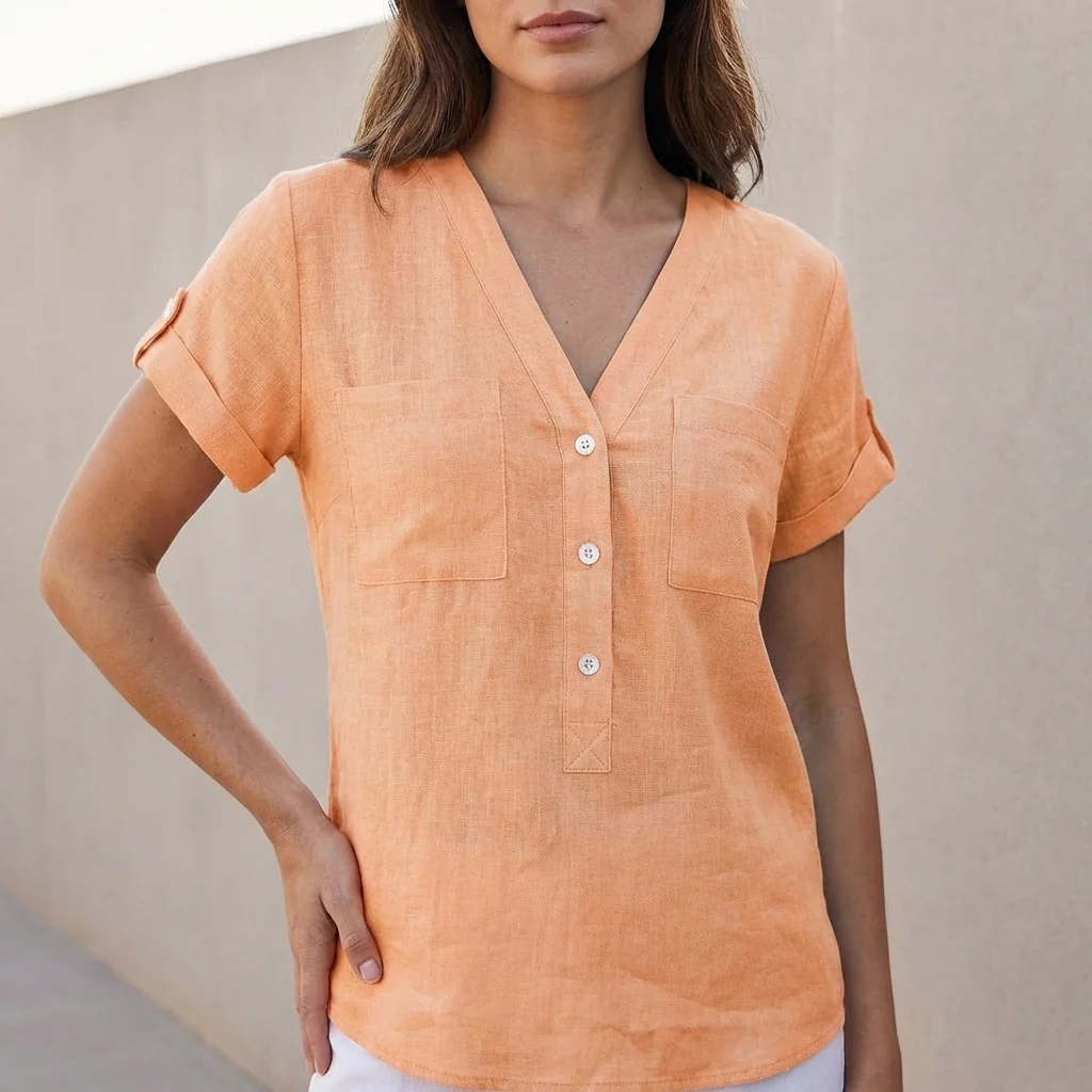 Isabella Relaxed Fit Button-Front Shirt | V-Neck Chest Pockets Shirt - Image 3